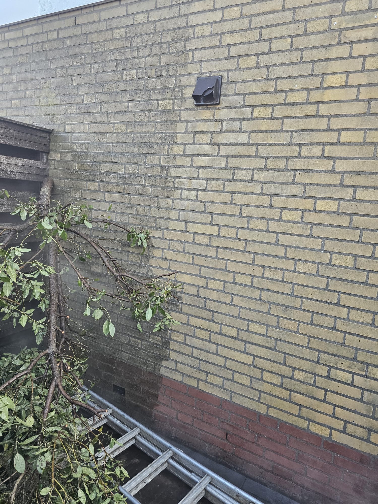Lichte bakstenen gevel met muurdoorvoer en zichtbaar gevelherstel Zichtbaar gevelherstel aan lichte bakstenen buitenmuur